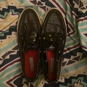 Gold polka dot sperry shoes